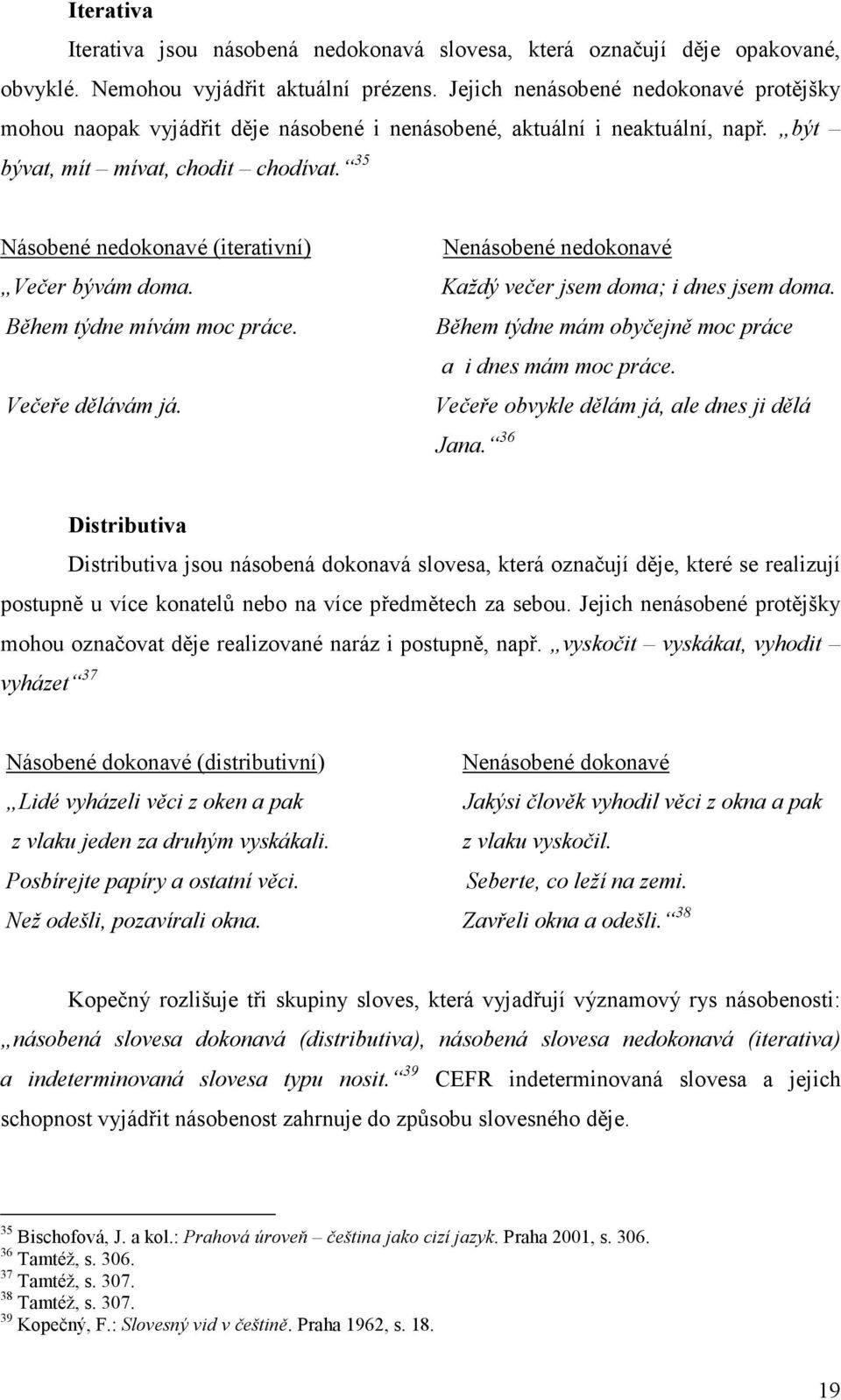 35 Násobené nedokonavé (iterativní) Večer bývám doma. Během týdne mívám moc práce. Večeře dělávám já. Nenásobené nedokonavé Každý večer jsem doma; i dnes jsem doma.