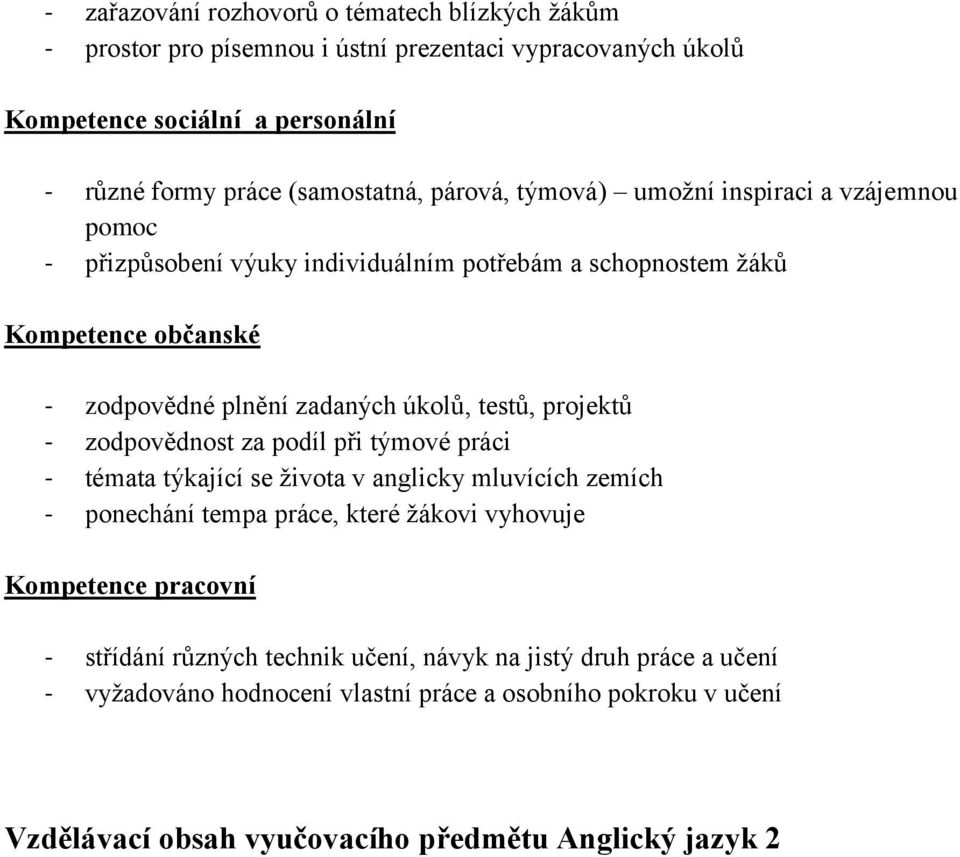 projektů - zodpovědnost za podíl při týmové práci - témata týkající se života v anglicky mluvících zemích - ponechání tempa práce, které žákovi vyhovuje Kompetence pracovní -