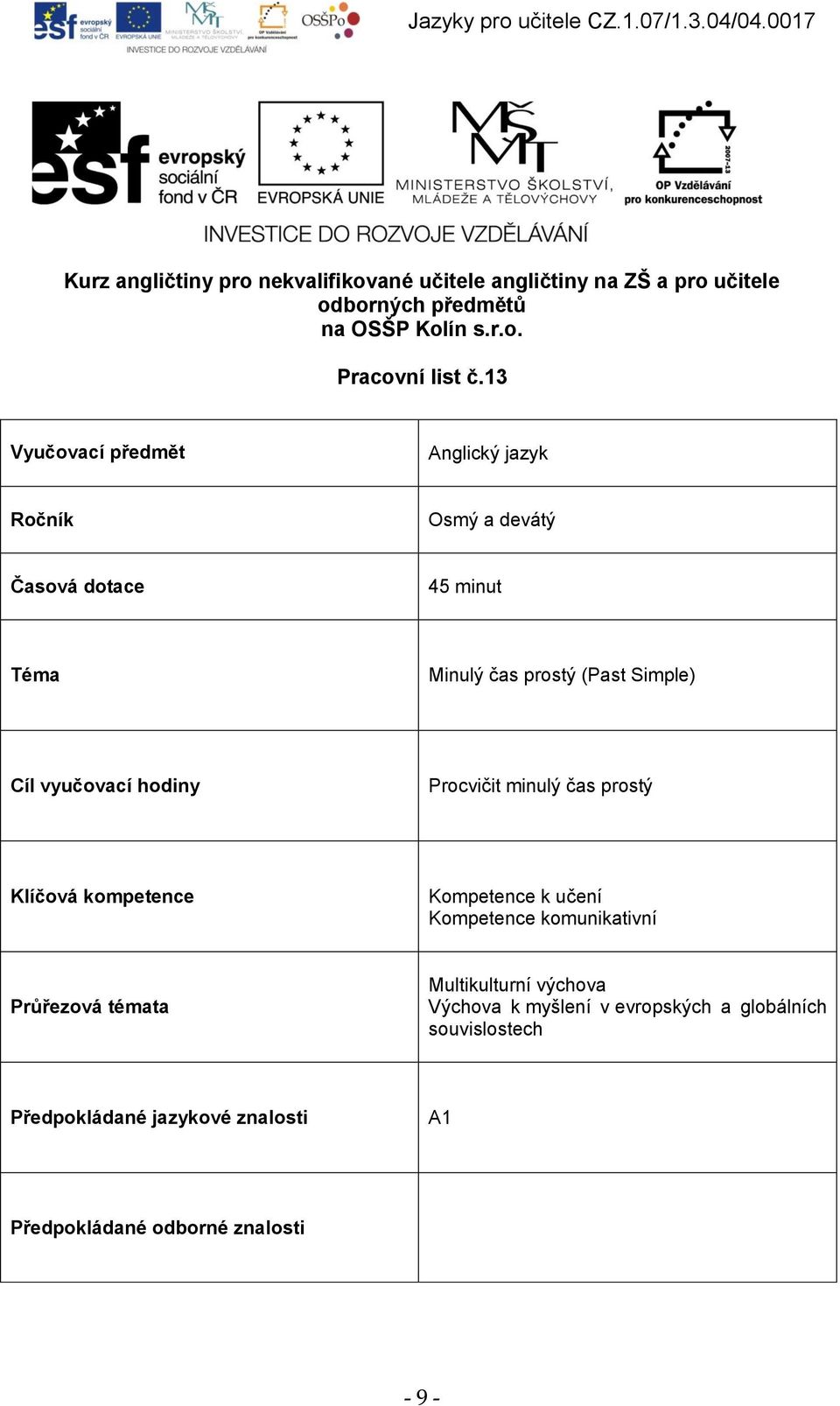 hodiny Procvičit minulý čas prostý Klíčová kompetence Kompetence k učení Kompetence komunikativní Průřezová témata Multikulturní