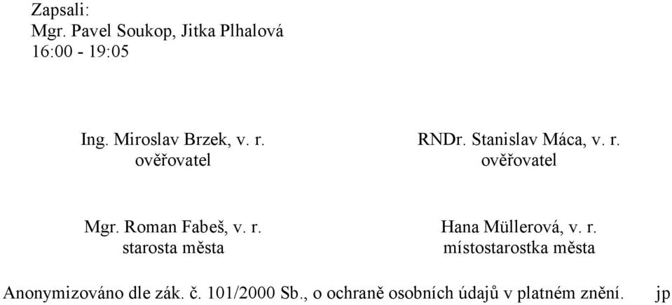 Roman Fabeš, v. r. starosta města Hana Müllerová, v. r. místostarostka města Anonymizováno dle zák.