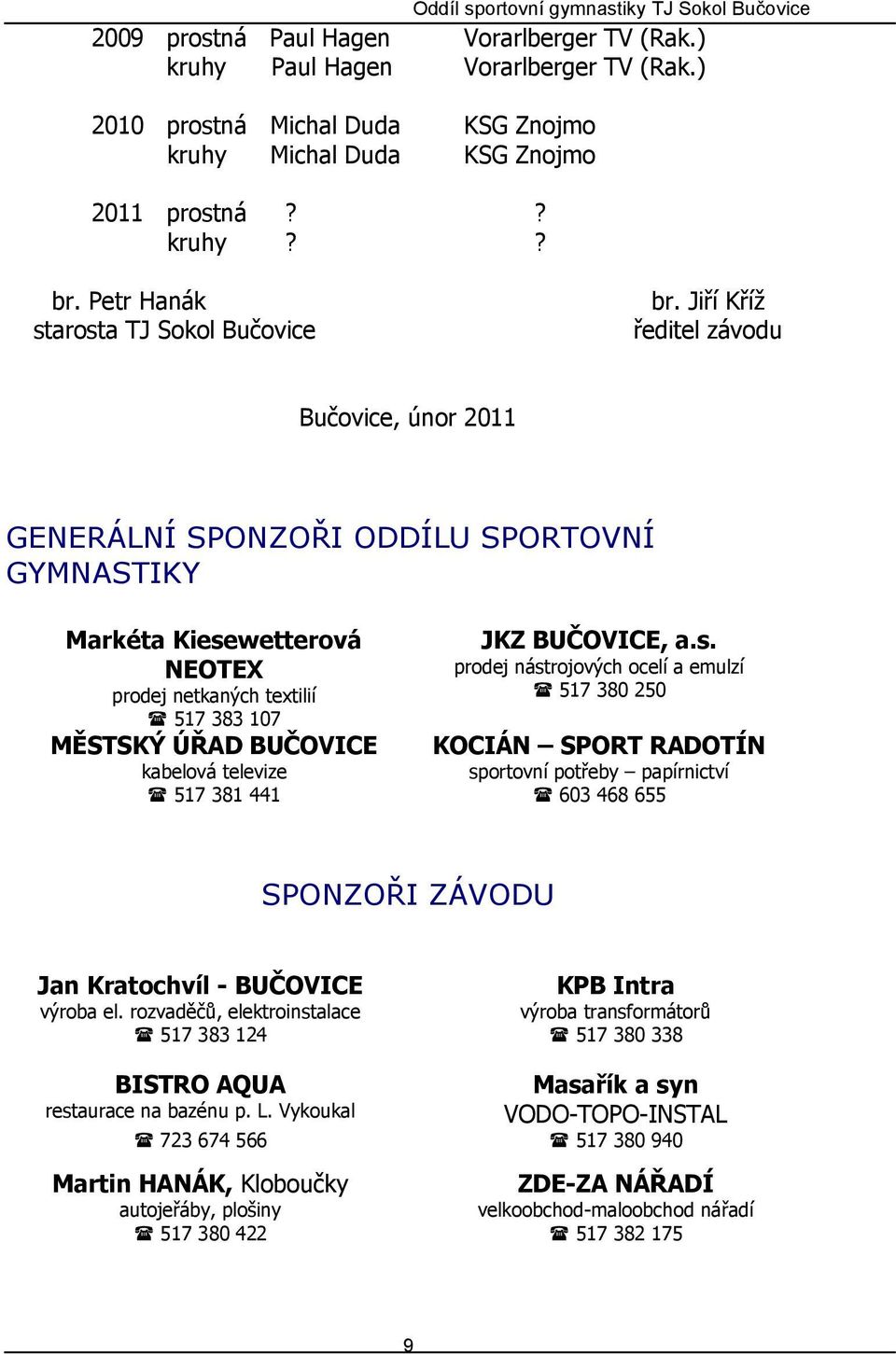 Jiří Kříž ředitel závodu Bučovice, únor 2011 GENERÁLNÍ SPONZOŘI ODDÍLU SPORTOVNÍ GYMNASTIKY Markéta Kiesewetterová NEOTEX prodej netkaných textilií 517 383 107 MĚSTSKÝ ÚŘAD BUČOVICE kabelová televize