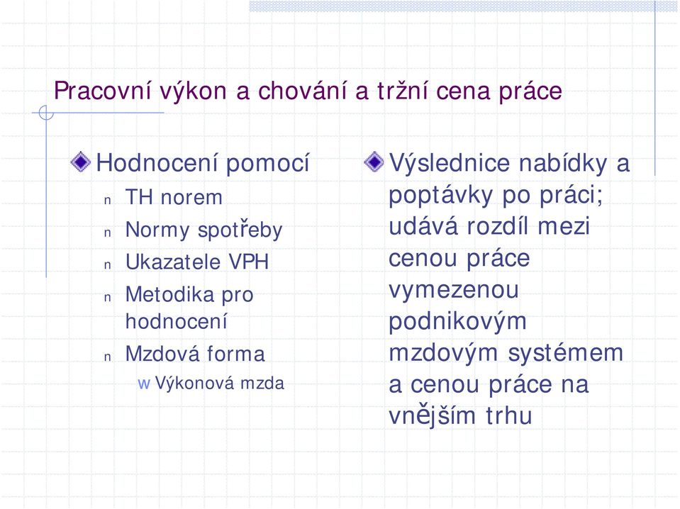 Výkonová mzda Výslednice nabídky a poptávky po práci; udává rozdíl mezi