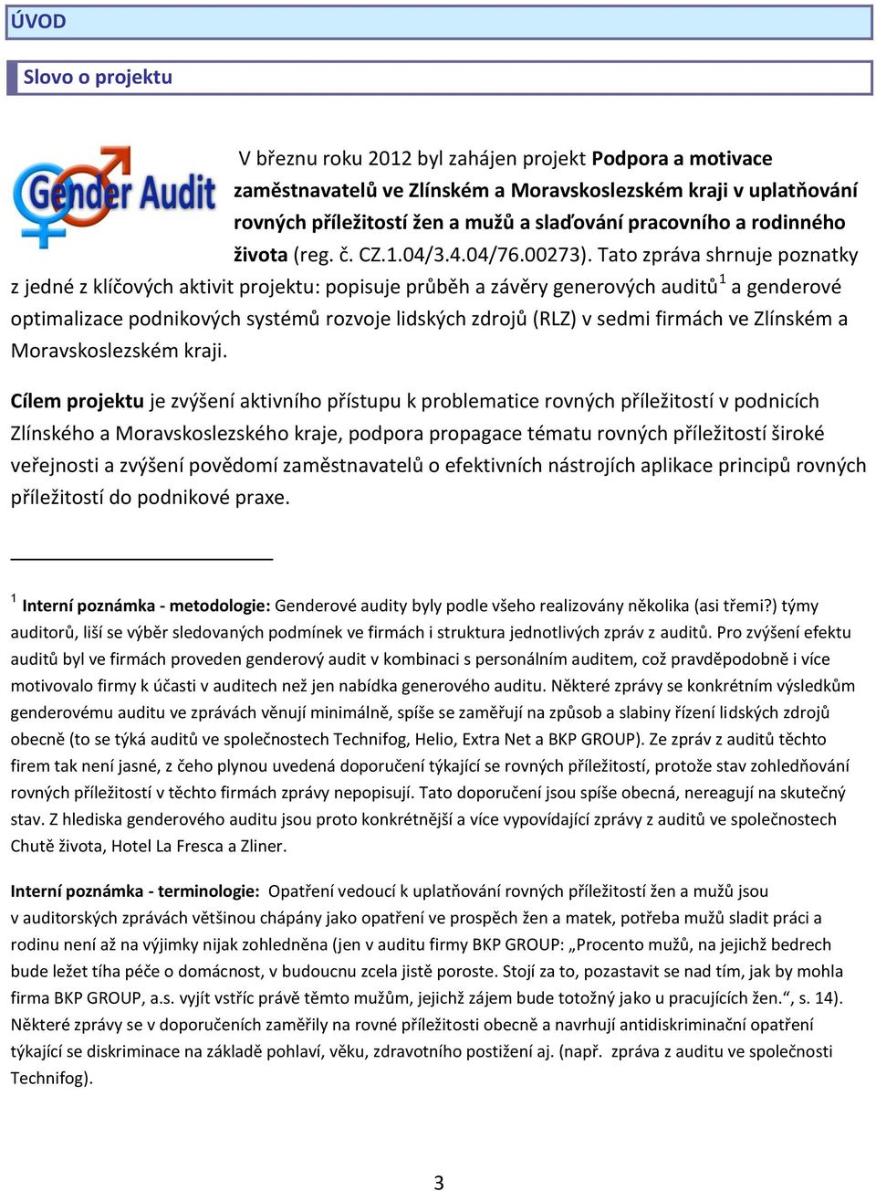 Tato zpráva shrnuje poznatky z jedné z klíčových aktivit projektu: popisuje průběh a závěry generových auditů 1 a genderové optimalizace podnikových systémů rozvoje lidských zdrojů (RLZ) v sedmi