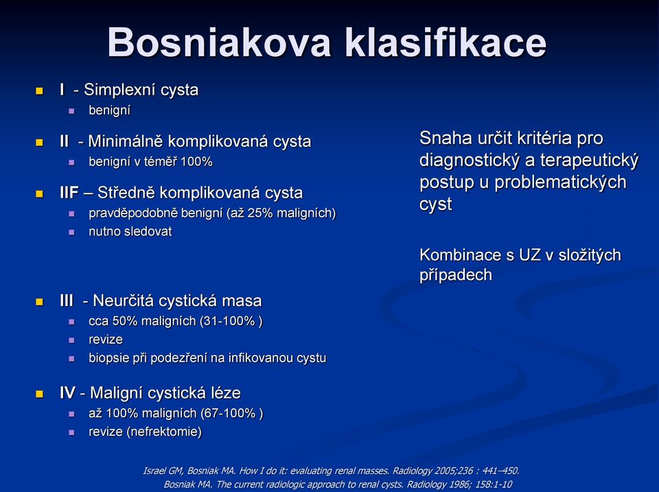 cystická masa cca 50% maligních (31-100% ) revize biopsie při podezření na infikovanou cystu IV - Maligní cystická léze až 100% maligních (67-100% ) revize