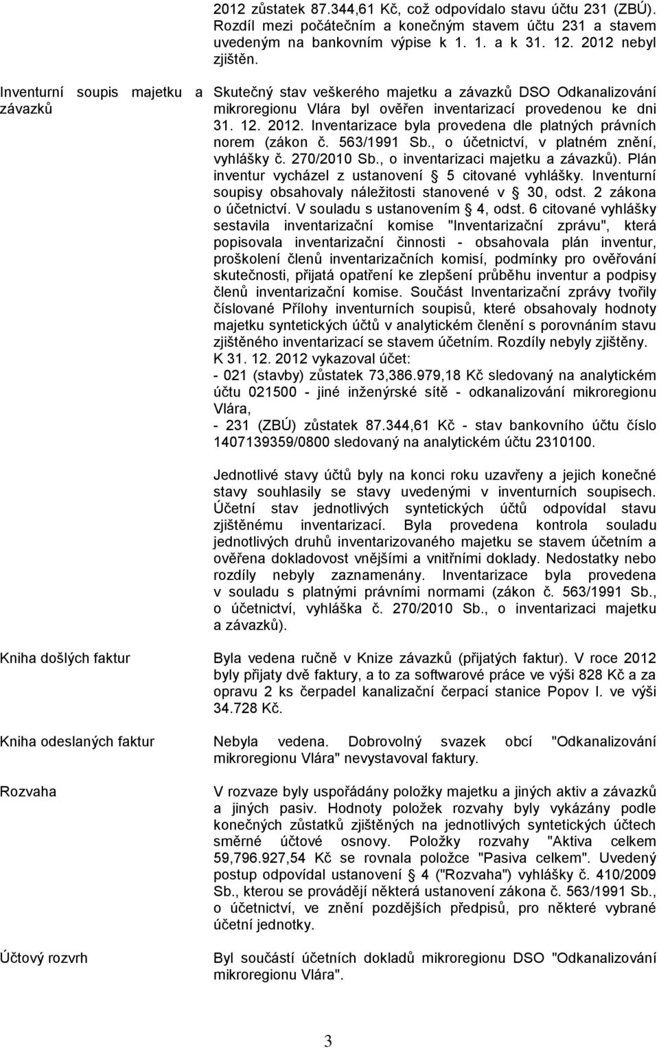 Inventarizace byla provedena dle platných právních norem (zákon č. 563/1991 Sb., o účetnictví, v platném znění, vyhlášky č. 270/2010 Sb., o inventarizaci majetku a závazků).