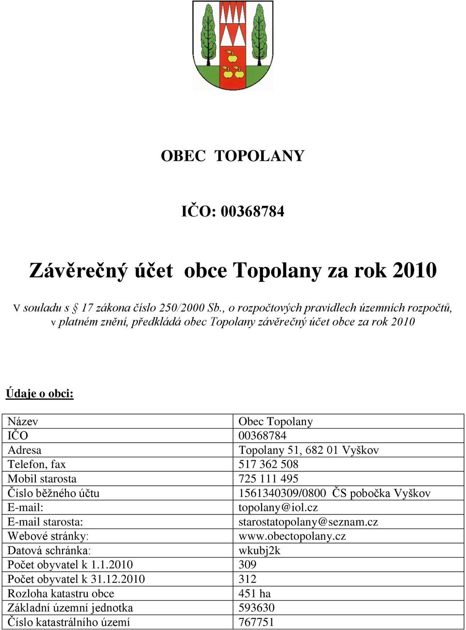 Topolany 51, 682 01 Vyškov Telefon, fax 517 362 508 Mobil starosta 725 111 495 Číslo běžného účtu 1561340309/0800 ČS pobočka Vyškov E-mail: topolany@iol.