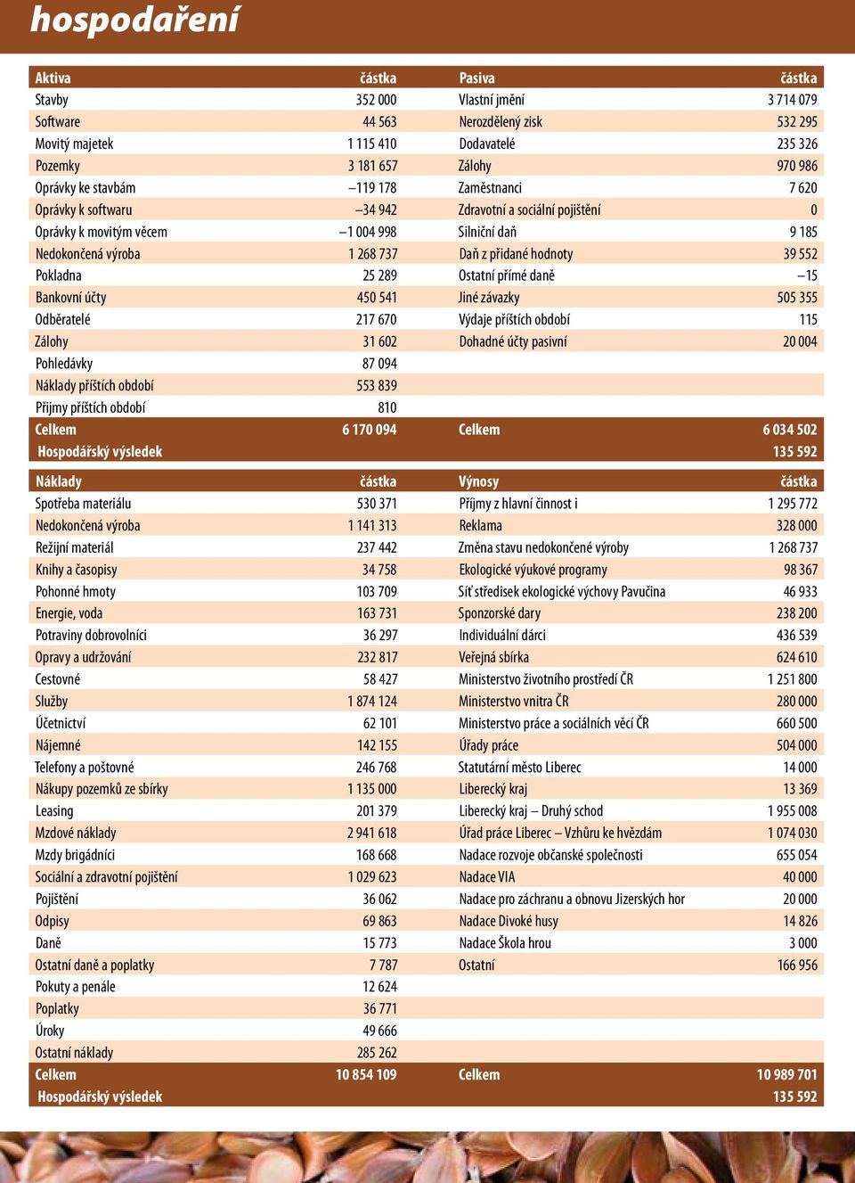 hodnoty 39 552 Pokladna 25 289 Ostatní přímé daně 15 Bankovní účty 450 541 Jiné závazky 505 355 Odběratelé 217 670 Výdaje příštích období 115 Zálohy 31 602 Dohadné účty pasivní 20 004 Pohledávky 87