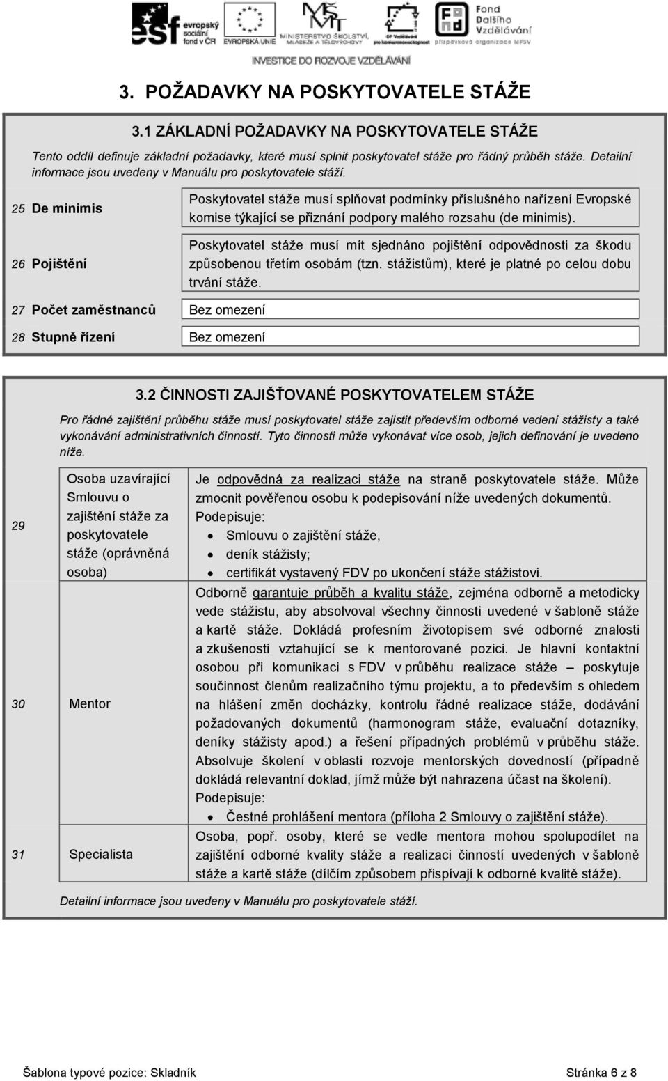 25 De minimis 26 Pojištění Poskytovatel stáže musí splňovat podmínky příslušného nařízení Evropské komise týkající se přiznání podpory malého rozsahu (de minimis).