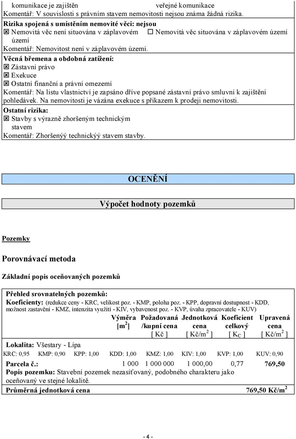 Věcná břemena a obdobná zatížení: Zástavní právo Exekuce Ostatní finanční a právní omezemí Komentář: Na listu vlastnictví je zapsáno dříve popsané zástavní právo smluvní k zajištění pohledávek.