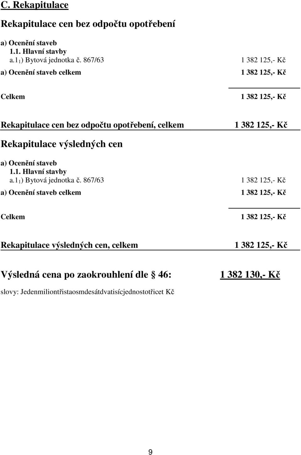 Rekapitulace výsledných cen a) Ocenění staveb 1.1. Hlavní stavby a.1 1 ) Bytová jednotka č.