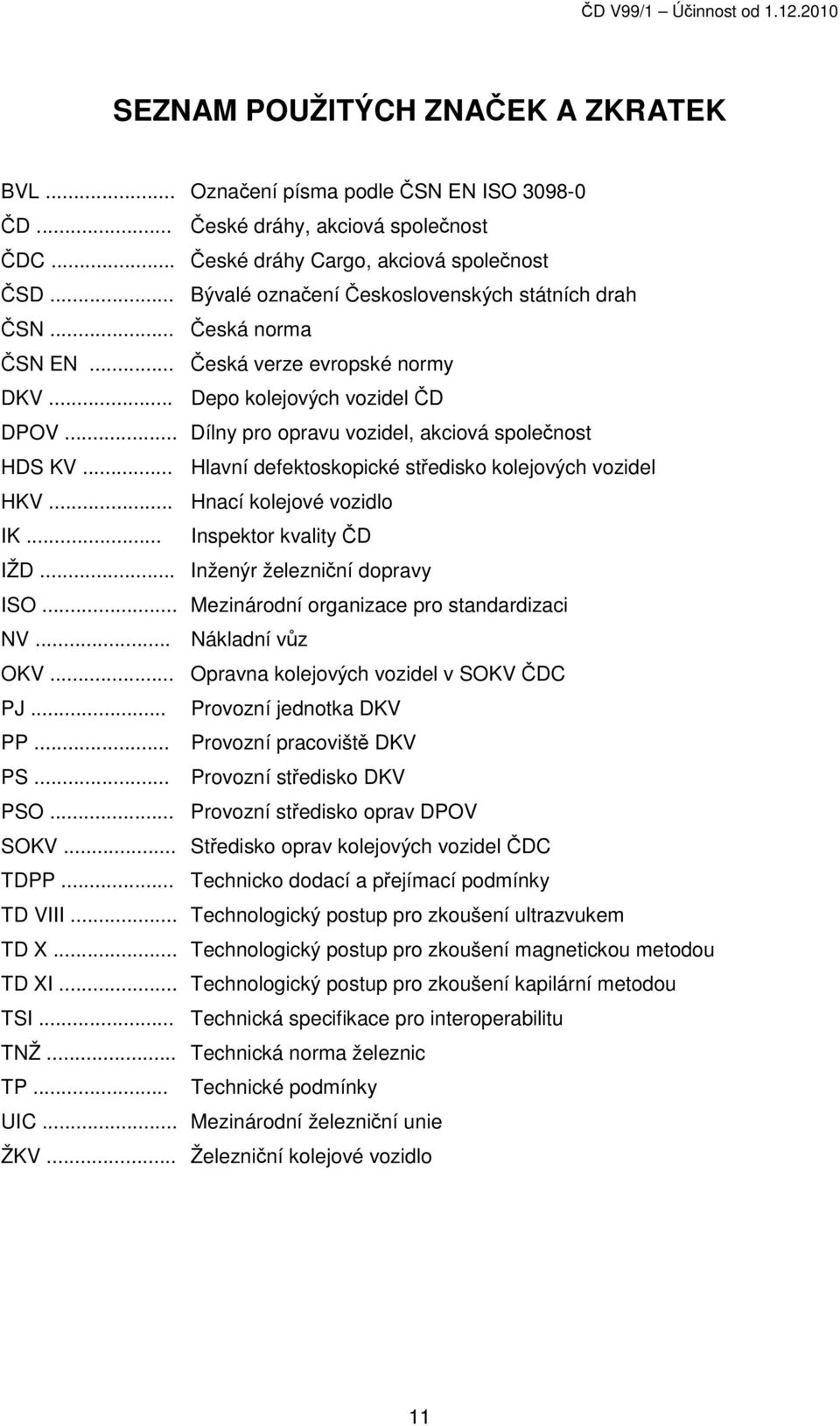 .. Hlavní defektoskopické středisko kolejových vozidel HKV... Hnací kolejové vozidlo IK... Inspektor kvality ČD IŽD... Inženýr železniční dopravy ISO... Mezinárodní organizace pro standardizaci NV.