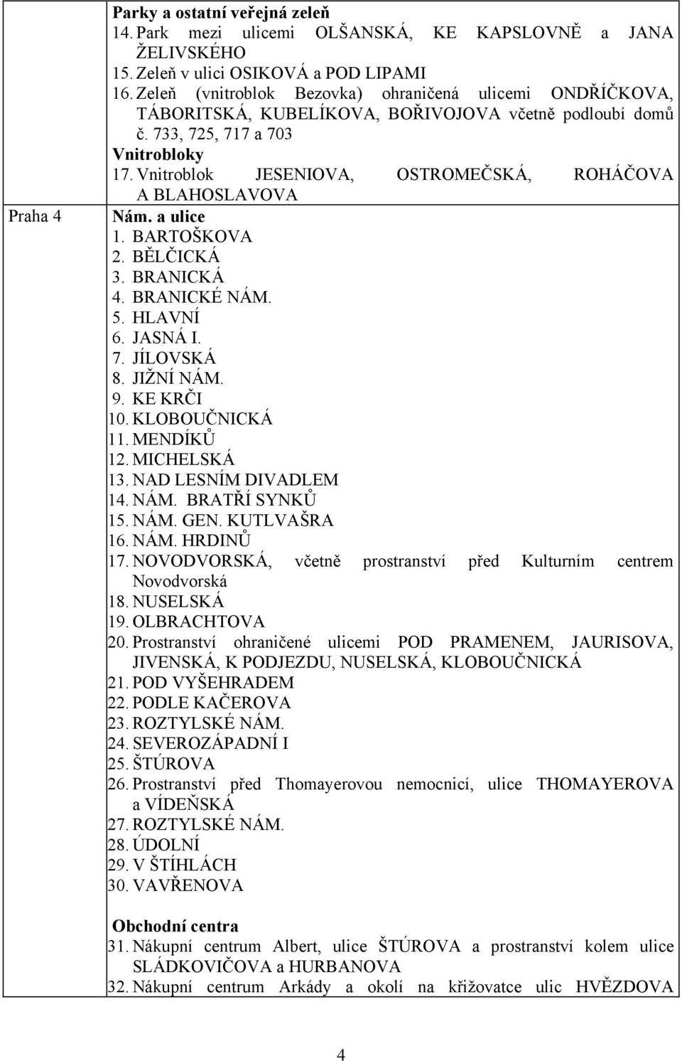 Vnitroblok JESENIOVA, OSTROMEČSKÁ, ROHÁČOVA A BLAHOSLAVOVA 1. BARTOŠKOVA 2. BĚLČICKÁ 3. BRANICKÁ 4. BRANICKÉ NÁM. 5. HLAVNÍ 6. JASNÁ I. 7. JÍLOVSKÁ 8. JIŽNÍ NÁM. 9. KE KRČI 10. KLOBOUČNICKÁ 11.