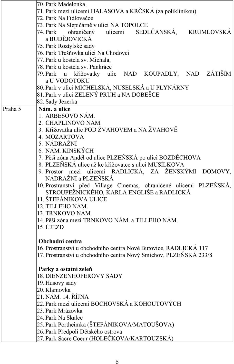 Park u křižovatky ulic NAD KOUPADLY, NAD ZÁTIŠÍM a U VODOTOKU 80. Park v ulici MICHELSKÁ, NUSELSKÁ a U PLYNÁRNY 81. Park v ulici ZELENÝ PRUH a NA DOBEŠCE 82. Sady Jezerka 1. ARBESOVO NÁM. 2.