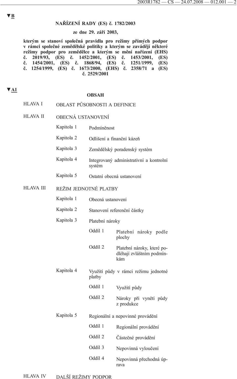 č. 2019/93, (ES) č. 1452/2001, (ES) č. 1453/2001, (ES) č. 1454/2001, (ES) č. 1868/94, (ES) č. 1251/1999, (ES) č. 1254/1999, (ES) č. 1673/2000, (EHS) č. 2358/71 a (ES) č.