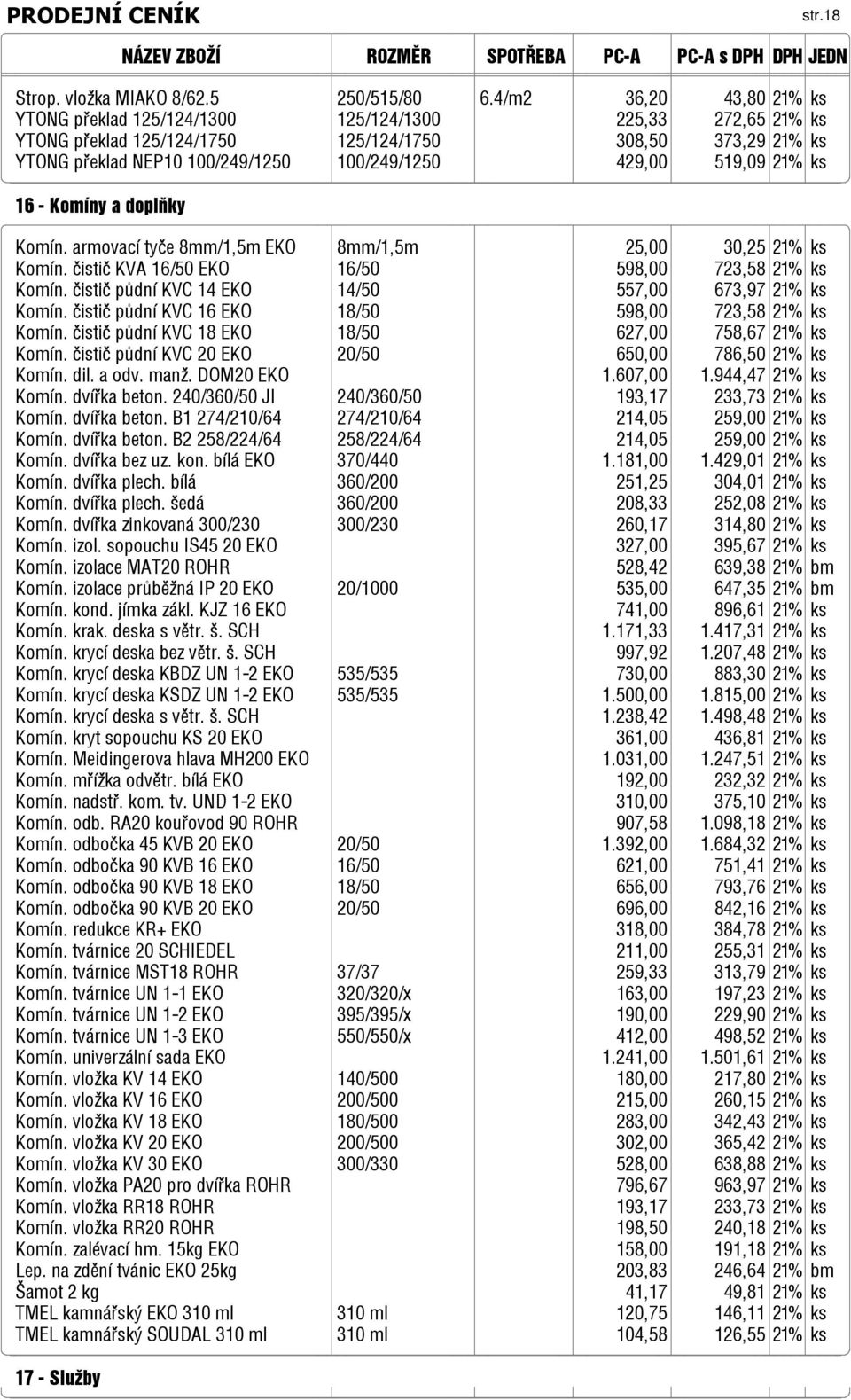 519,09 21% ks 16 - Komíny a doplňky Komín. armovací tyče 8mm/1,5m EKO 8mm/1,5m 25,00 30,25 21% ks Komín. čistič KVA 16/50 EKO 16/50 598,00 723,58 21% ks Komín.