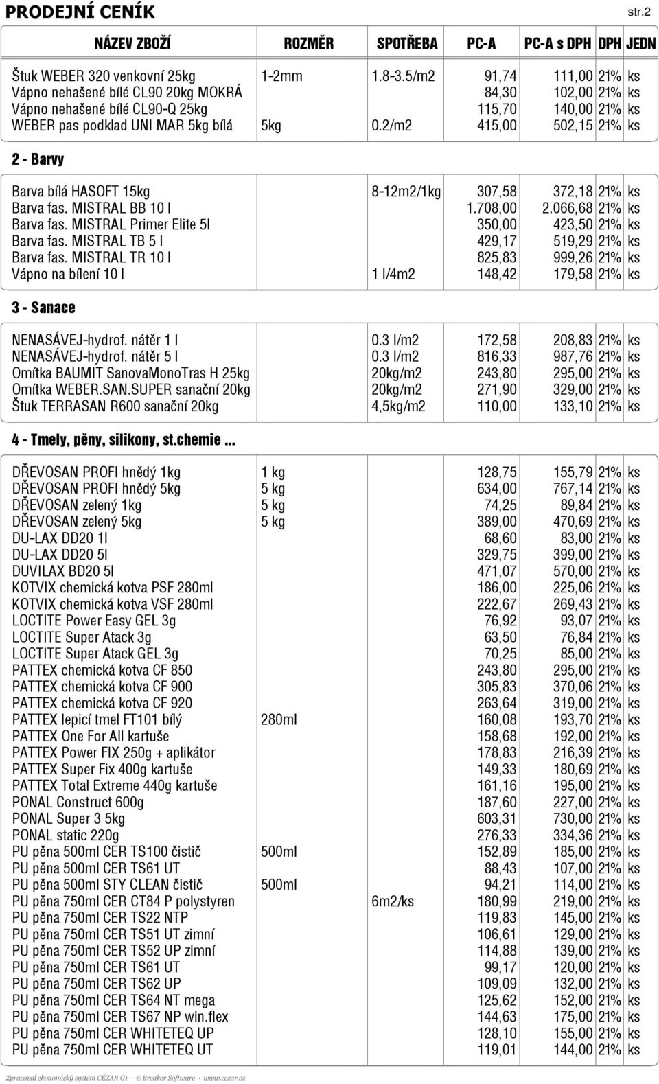 2/m2 415,00 502,15 21% ks 2 - Barvy Barva bílá HASOFT 15kg 8-12m2/1kg 307,58 372,18 21% ks Barva fas. MISTRAL BB 10 l 1.708,00 2.066,68 21% ks Barva fas.