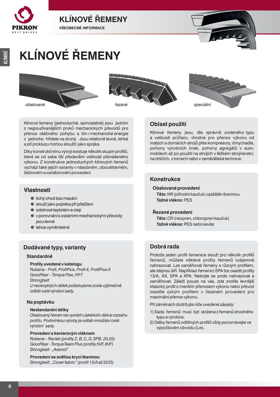 Z knstrukce jednducýc klínvýc řemenů vycází také jejic varianty v násném, ustranném, žervém a variátrvém prvedení.