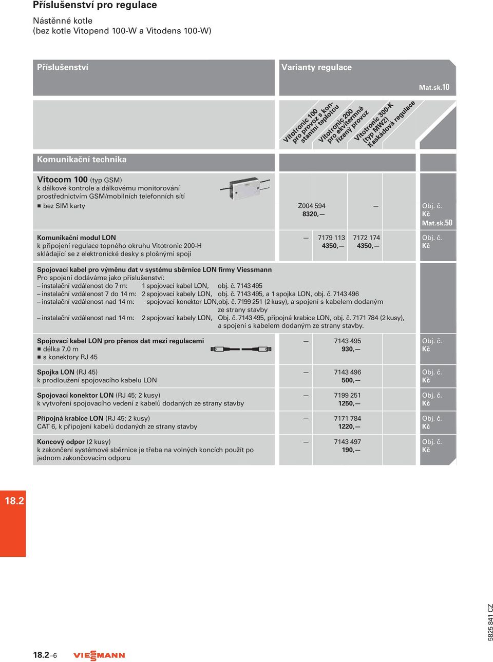 50 Komunikační modul LON k připojení regulace topného okruhu Vitotronic 200-H skládající se z elektronické desky s plošnými spoji 7179 113 4350, 7172 174 4350, Spojovací kabel pro výměnu dat v