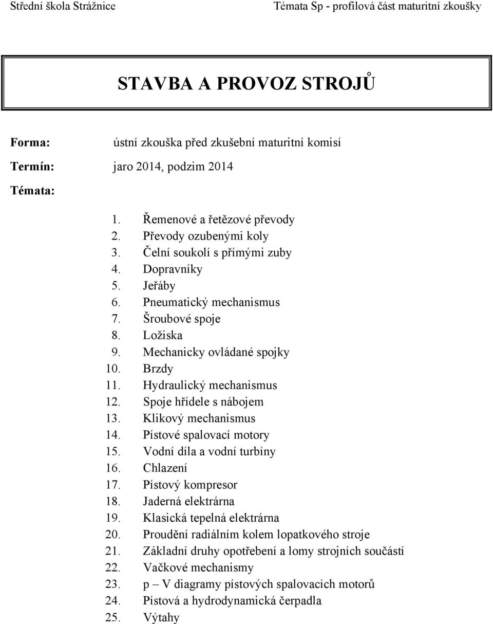 Pístové spalovací motory 15. Vodní díla a vodní turbíny 16. Chlazení 17. Pístový kompresor 18. Jaderná elektrárna 19. Klasická tepelná elektrárna 20.