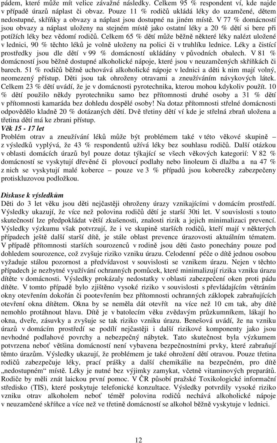 V 77 % domácností jsou obvazy a náplast uloženy na stejném místě jako ostatní léky a 20 % dětí si bere při potížích léky bez vědomí rodičů.