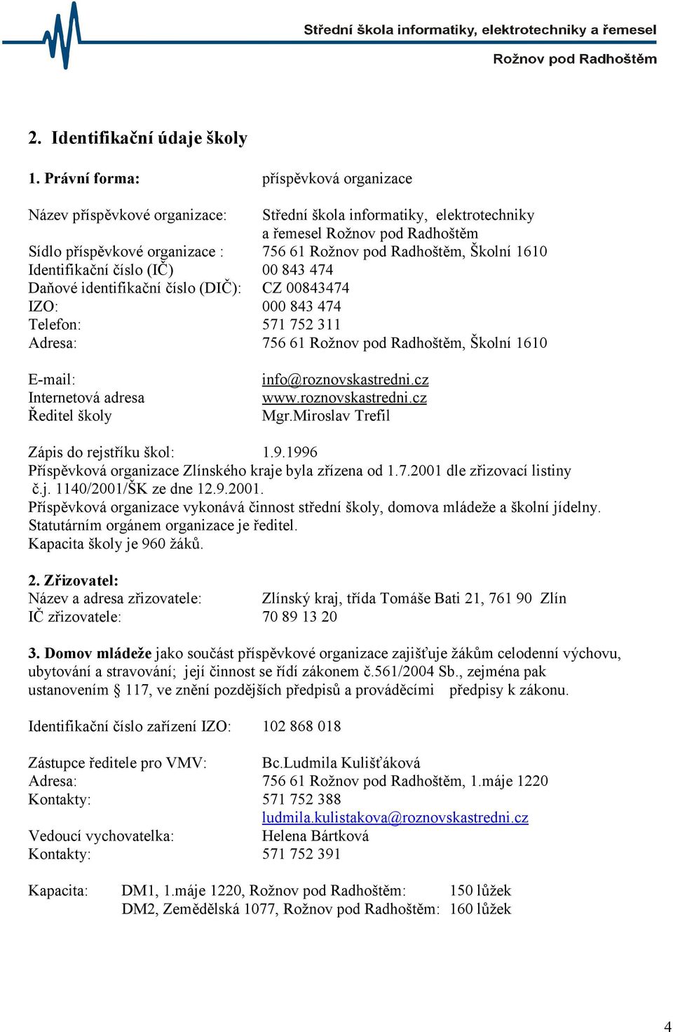 Radhoštěm, Školní 1610 Identifikační číslo (IČ) 00 843 474 Daňové identifikační číslo (DIČ): CZ 00843474 IZO: 000 843 474 Telefon: 571 752 311 Adresa: 756 61 Rožnov pod Radhoštěm, Školní 1610 E-mail:
