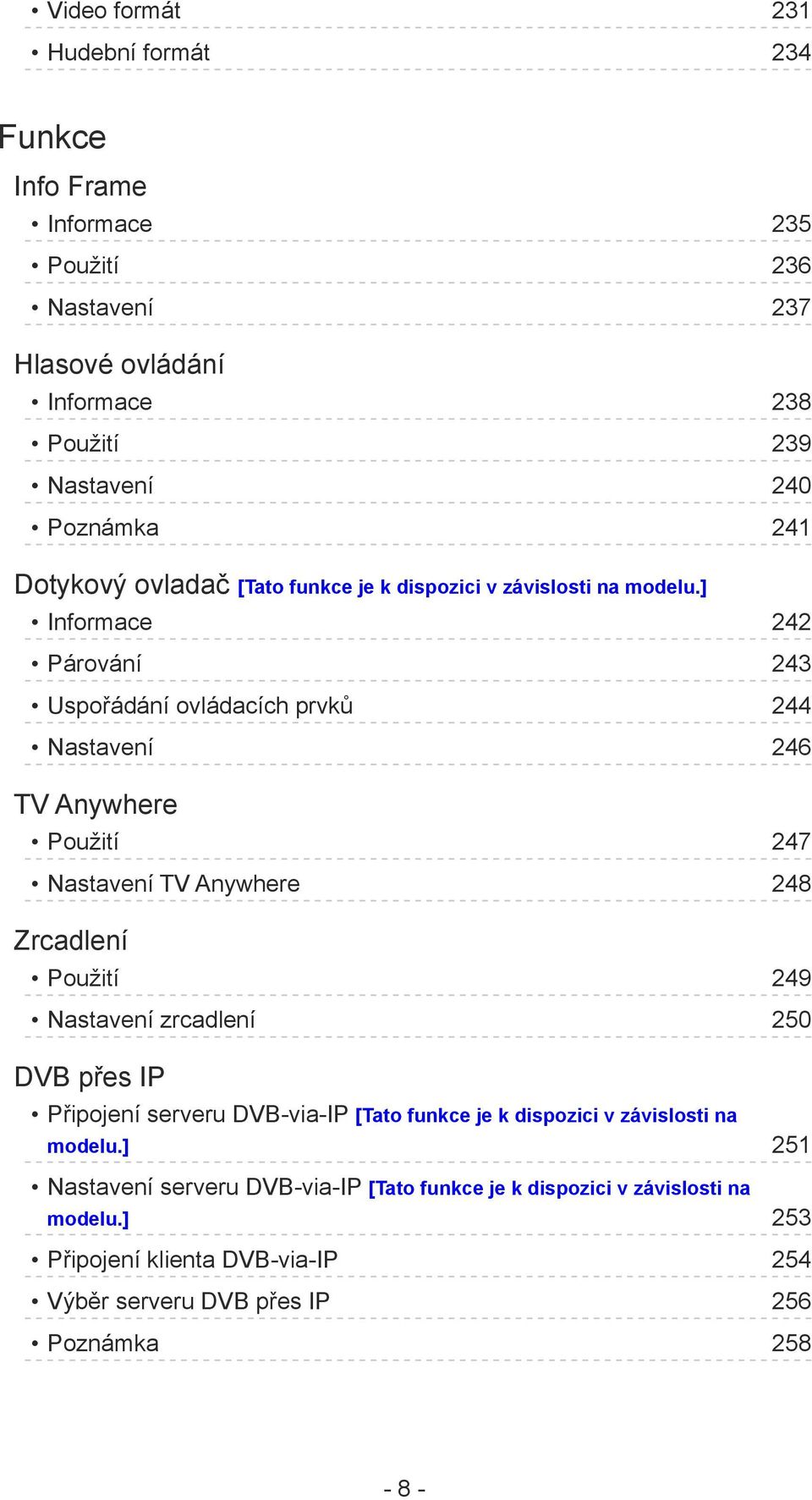 ] Informace 242 Párování 243 Uspořádání ovládacích prvků 244 Nastavení 246 TV Anywhere Použití 247 Nastavení TV Anywhere 248 Zrcadlení Použití 249 Nastavení zrcadlení