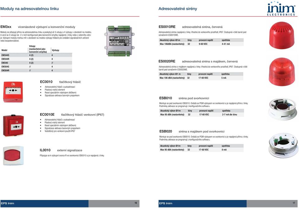 Výstupní moduly mohou mít v závislosti na modelu výstupy hlídané pro ovládání signalizačních zařízení nebo bezpotenciálové.