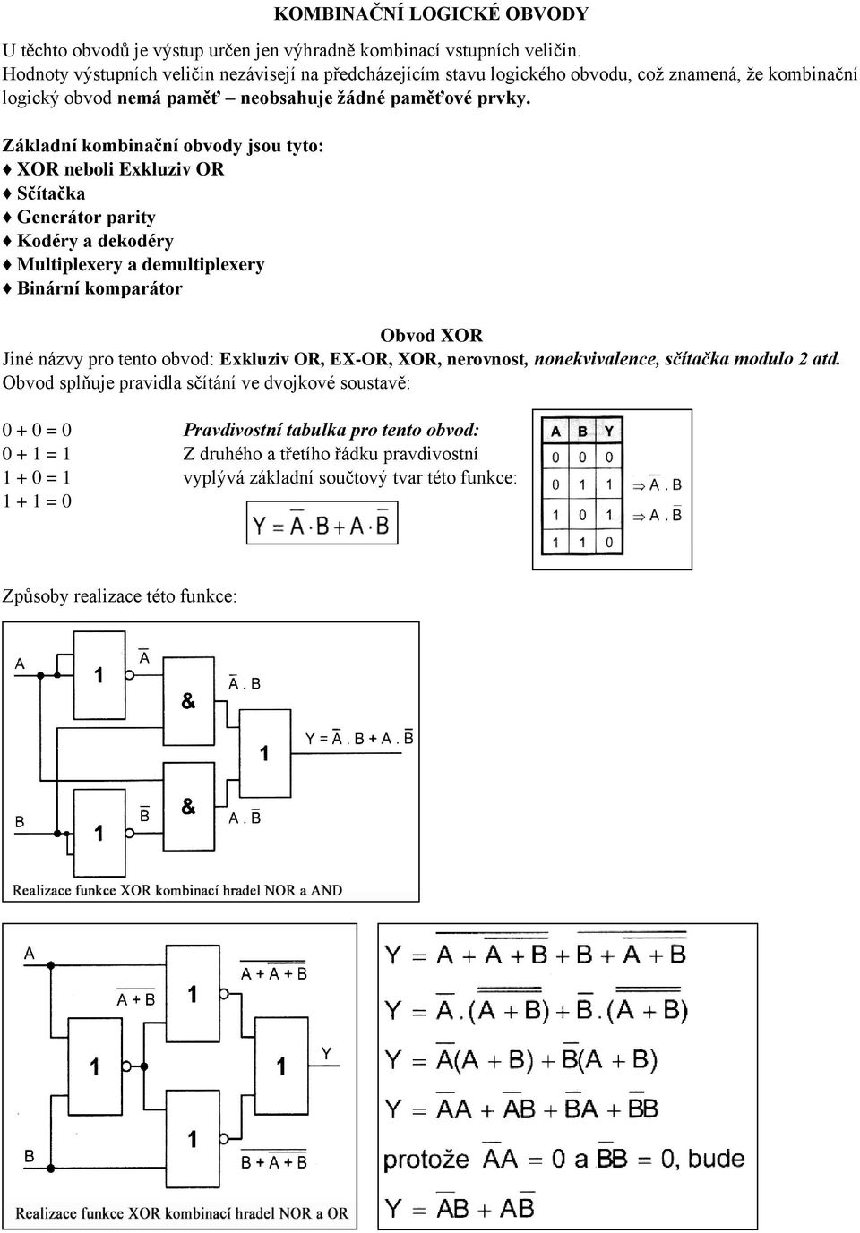 Základní kombinační obvody jsou tyto: XOR neboli Exkluziv OR Sčítačka Generátor parity Kodéry a dekodéry Multiplexery a demultiplexery Binární komparátor Obvod XOR Jiné názvy pro tento obvod: