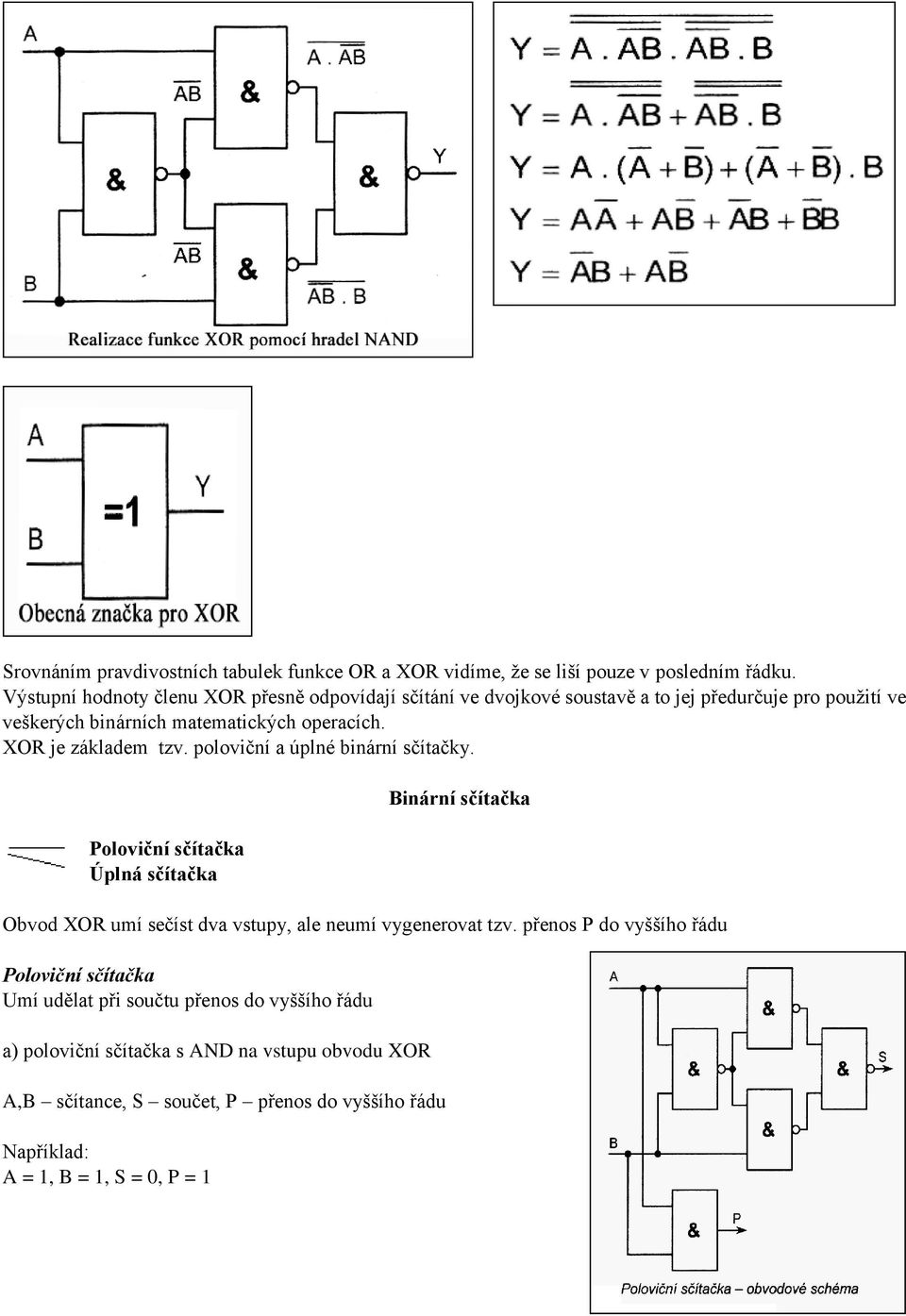 XOR je základem tzv. poloviční a úplné binární sčítačky.
