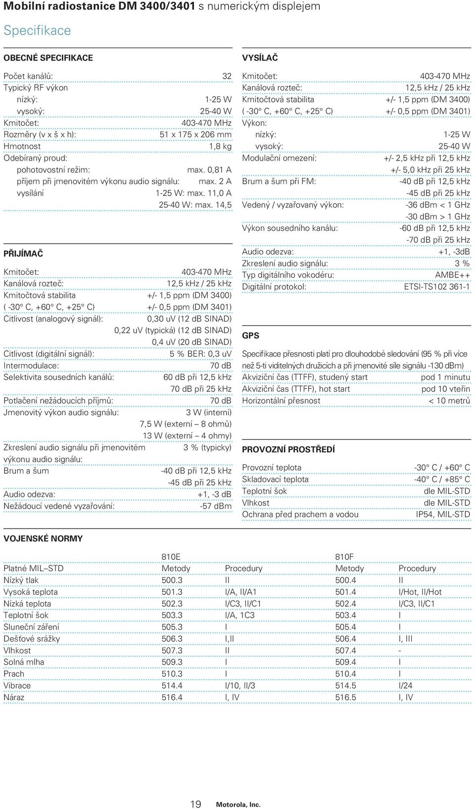 14,5 PŘIJÍMAČ Kmitočet: Kanálová rozteč: 12,5 khz / 25 khz Kmitočtová stabilita +/- 1,5 ppm (DM 3400) ( -30 C, +60 C, +25 C) +/- 0,5 ppm (DM 3401) Citlivost (analogový signál): 0,30 uv (12 db SINAD)