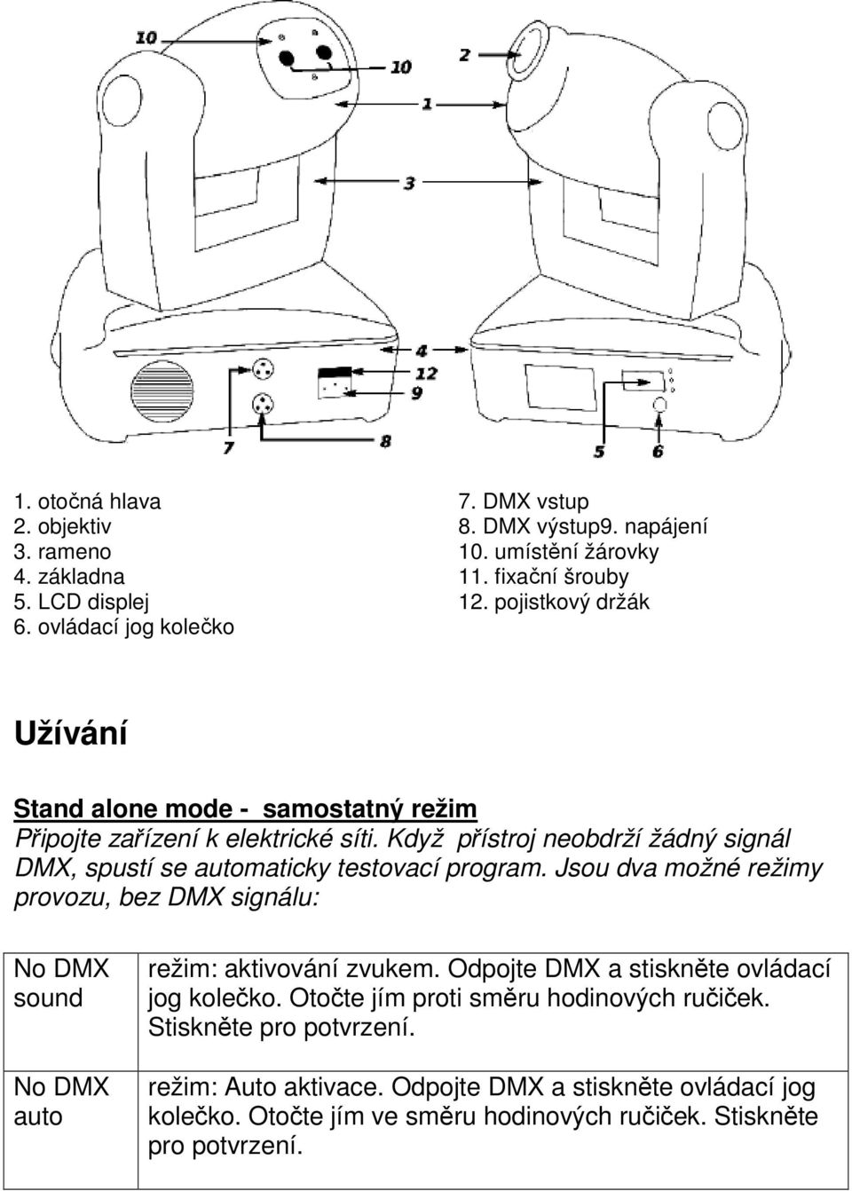 Když přístroj neobdrží žádný signál DMX, spustí se automaticky testovací program.
