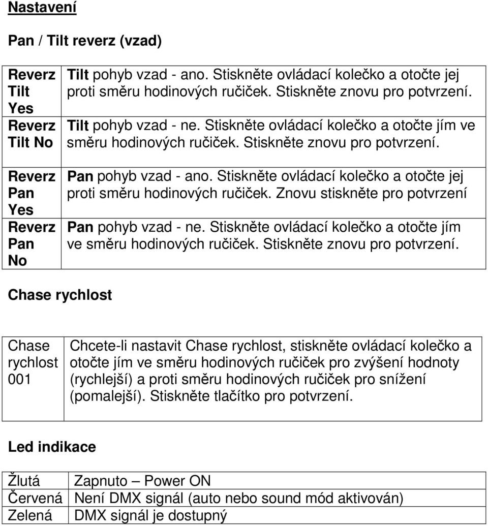 Stiskněte ovládací kolečko a otočte jej proti směru hodinových ručiček. Znovu stiskněte pro potvrzení Pan pohyb vzad - ne. Stiskněte ovládací kolečko a otočte jím ve směru hodinových ručiček.