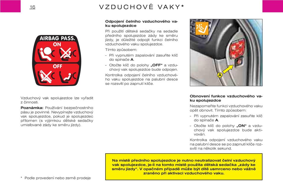 Kontrolka odpojení èelního vzduchového vaku spolujezdce na palubní desce se rozsvítí po zapnutí klíèe. A Vzduchový vak spolujezdce lze vyøadit z èinnosti.