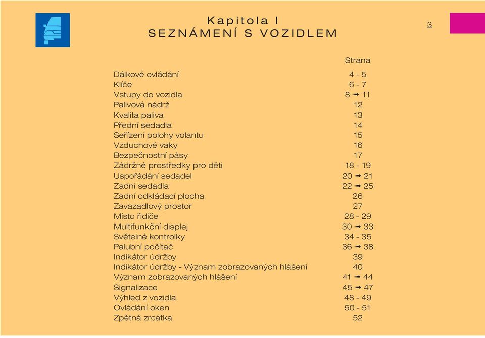 odkládací plocha 26 Zavazadlový prostor 27 Místo øidièe 28-29 Multifunkèní displej 30 33 Svìtelné kontrolky 34-35 Palubní poèítaè 36 38 Indikátor údržby