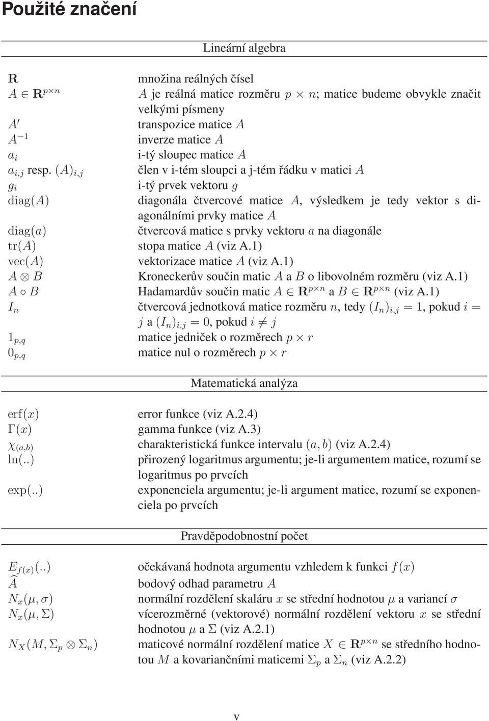 (A) i,j člen v i-tém sloupci a j-tém řádku v matici A g i i-tý prvek vektoru g diag(a) diagonála čtvercové matice A, výsledkem je tedy vektor s diagonálními prvky matice A diag(a) čtvercová matice s