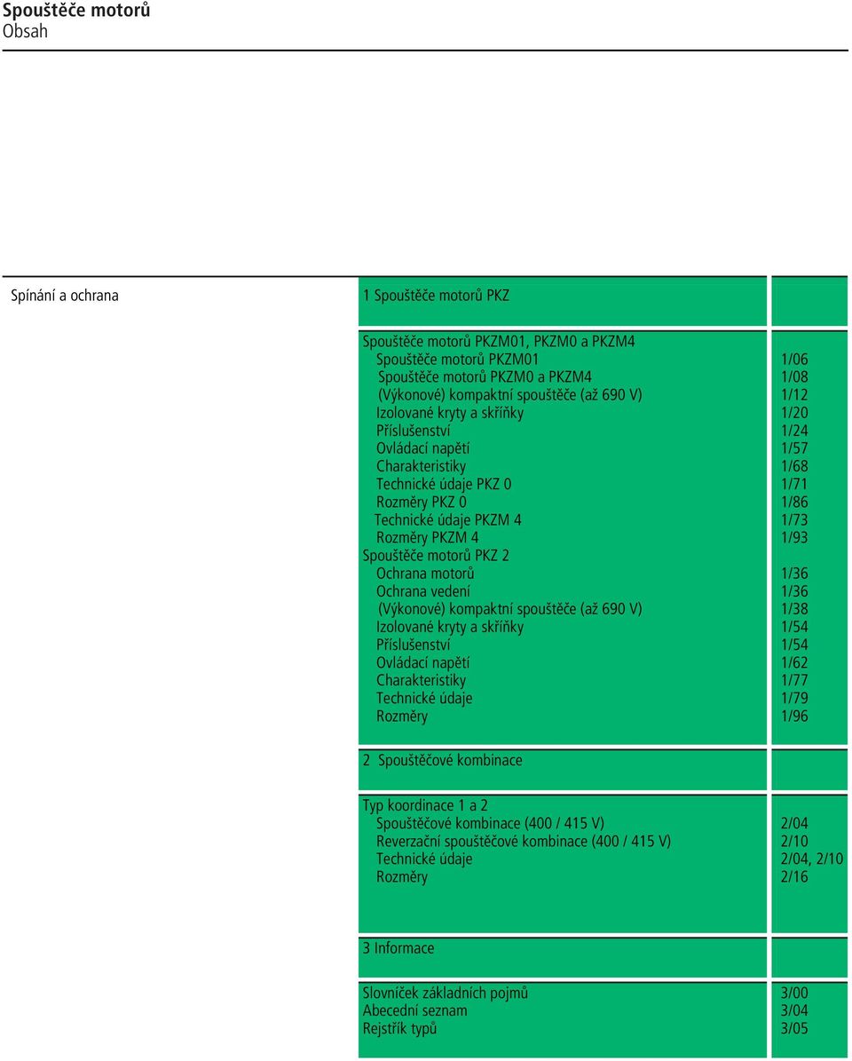 napětí Charakteristiky Technické údaje Rozměry 1/06 1/08 1/12 1/20 1/24 1/57 1/68 1/71 1/86 1/73 1/93 1/36 1/36 1/38 1/54 1/54 1/62 1/77 1/79 1/96 2 Spouštěčové kombinace Typ koordinace 1 a 2