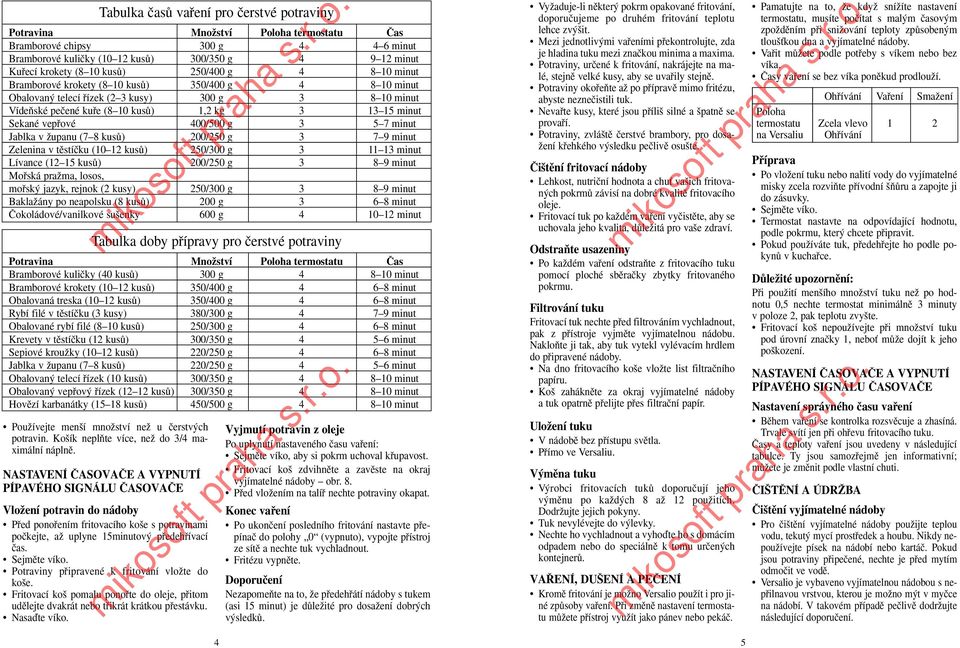 Ïupanu (7 8 kusû) 200/250 g 3 7 9 minut Zelenina v tûstíãku (10 12 kusû) 250/300 g 3 11 13 minut Lívance (12 15 kusû) 200/250 g 3 8 9 minut Mofiská praïma, losos, mofisk jazyk, rejnok (2 kusy)