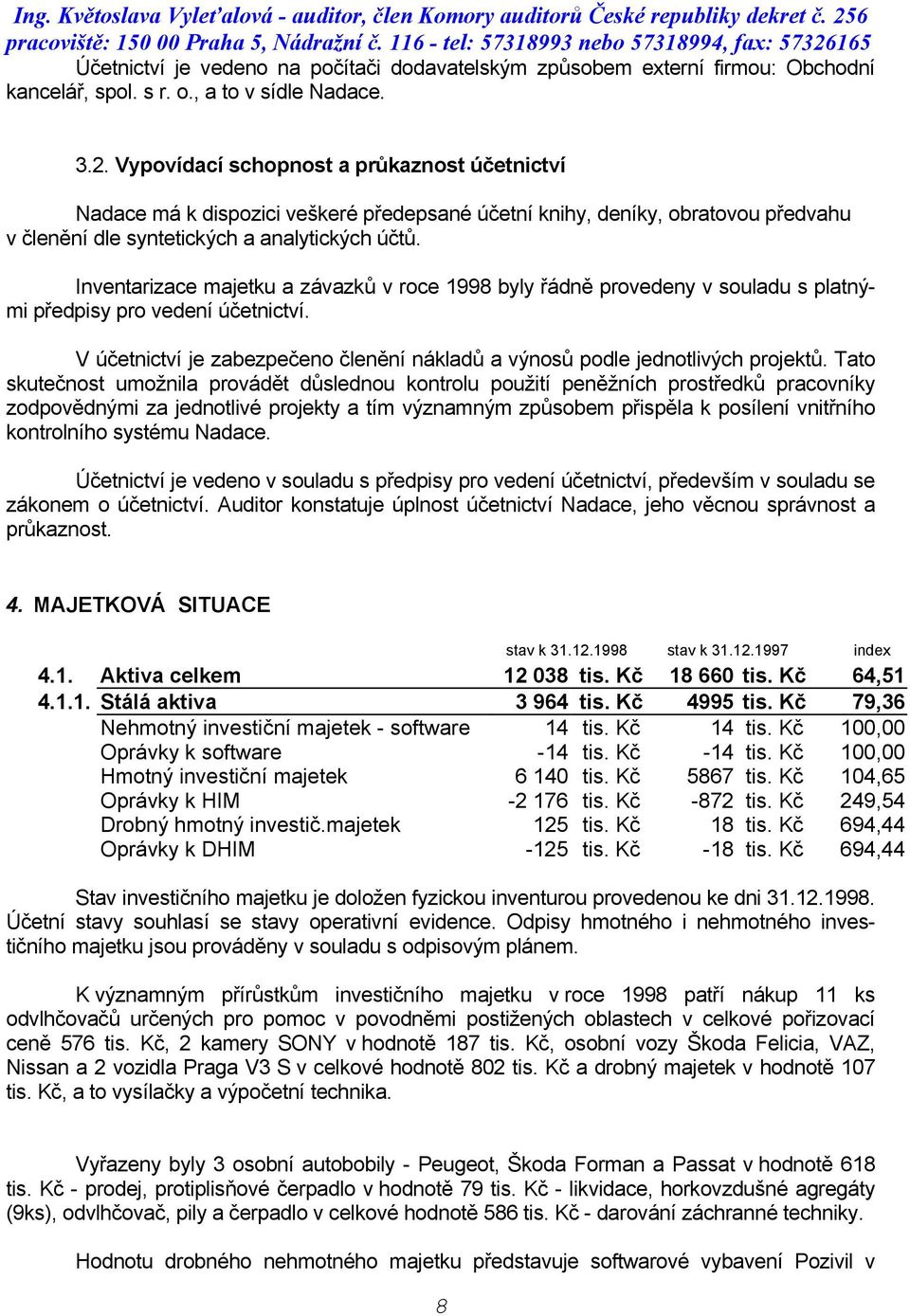 Inventarizace majetku a závazků v roce 1998 byly řádně provedeny v souladu s platnými předpisy pro vedení účetnictví. V účetnictví je zabezpečeno členění nákladů a výnosů podle jednotlivých projektů.