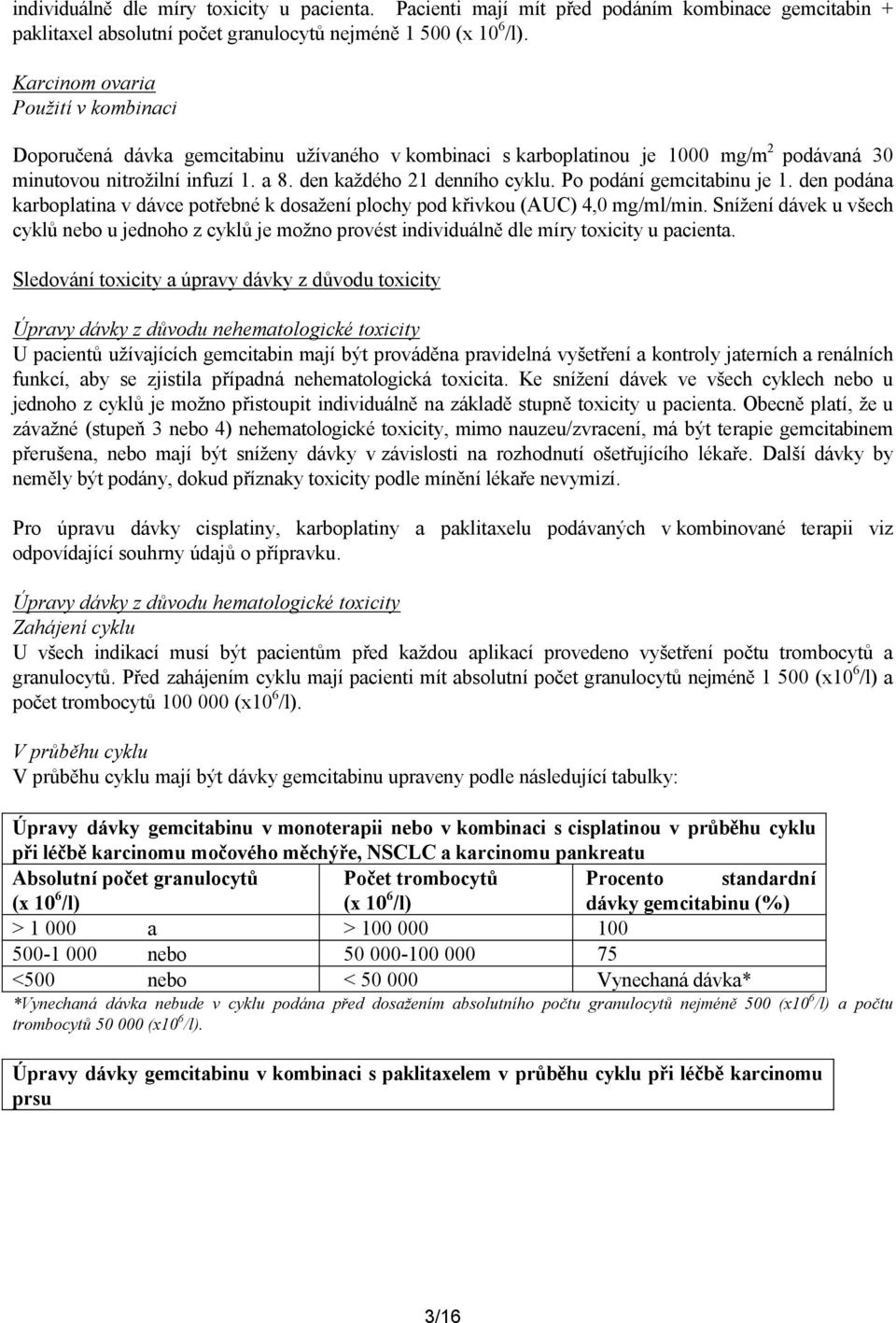 Po podání gemcitabinu je 1. den podána karboplatina v dávce potřebné k dosažení plochy pod křivkou (AUC) 4,0 mg/ml/min.