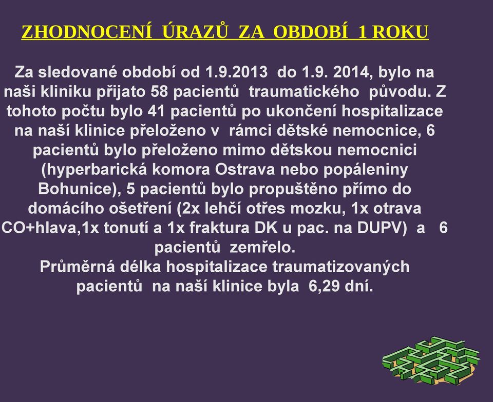 nemocnici (hyperbarická komora Ostrava nebo popáleniny Bohunice), 5 pacientů bylo propuštěno přímo do domácího ošetření (2x lehčí otřes mozku, 1x