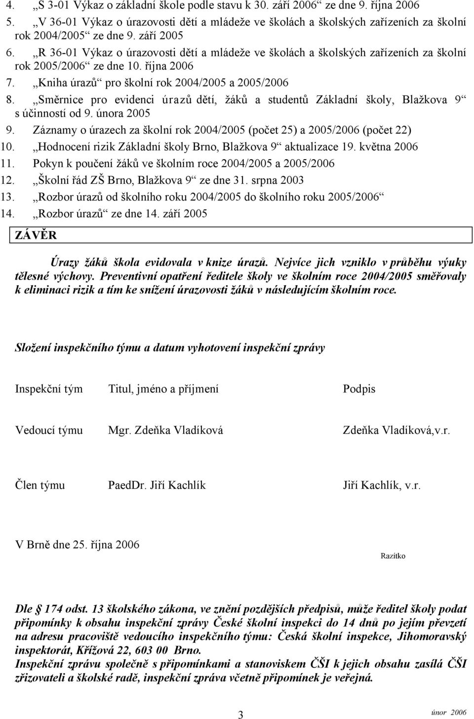 Směrnice pro evidenci úrazů dětí, žáků a studentů Základní školy, Blažkova 9 s účinností od 9. února 2005 9. Záznamy o úrazech za školní rok 2004/2005 (počet 25) a 2005/2006 (počet 22) 10.