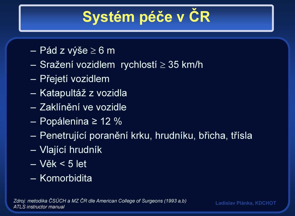 poranění krku, hrudníku, břicha, třísla Vlající hrudník Věk < 5 let Komorbidita