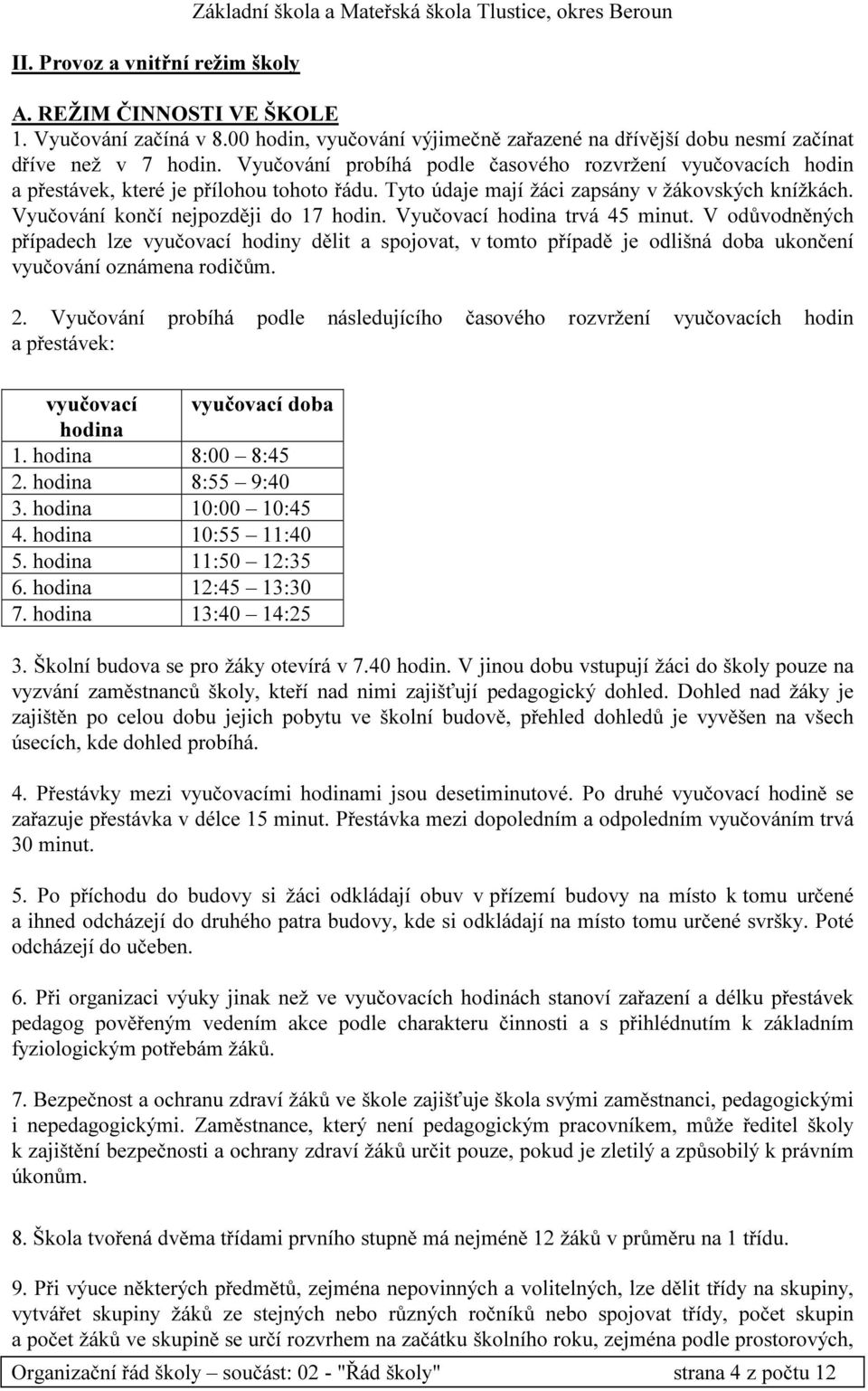 Tyto údaje mají žáci zapsány v žákovských knížkách. Vyučování končí nejpozději do 17 hodin. Vyučovací hodina trvá 45 minut.