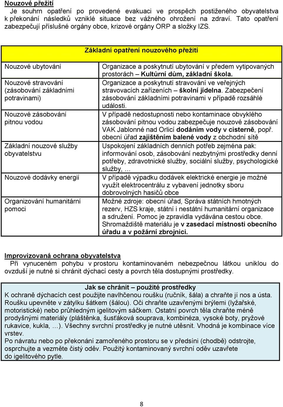 Základní opatření nouzového přežití Nouzové ubytování Nouzové stravování (zásobování základními potravinami) Nouzové zásobování pitnou vodou Základní nouzové služby obyvatelstvu Nouzové dodávky