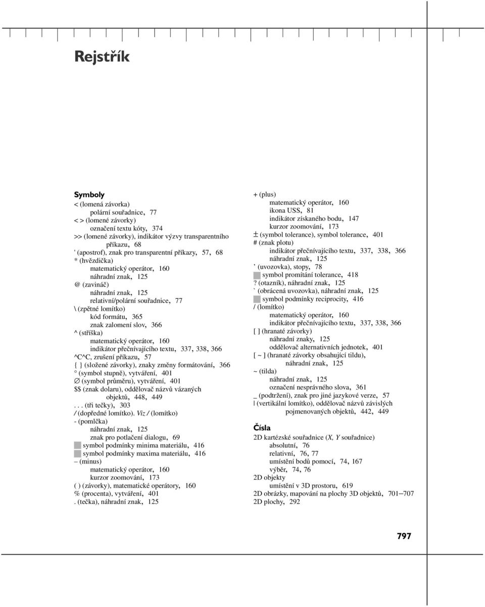 zalomení slov, 366 ^ (stříška) matematický operátor, 160 indikátor přečnívajícího textu, 337, 338, 366 ^C^C, zrušení příkazu, 57 { } (složené závorky), znaky změny formátování, 366 (symbol stupně),