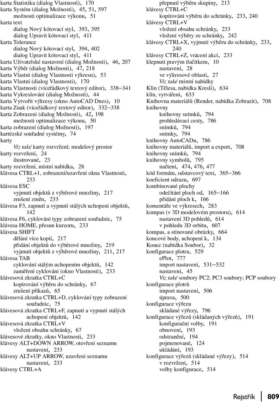 (dialog Vlastnosti výkresu), 53 karta Vlastní (dialog Vlastnosti), 170 karta Vlastnosti (víceřádkový textový editor), 338 341 karta Vykreslování (dialog Možnosti), 44 karta Vytvořit výkresy (okno