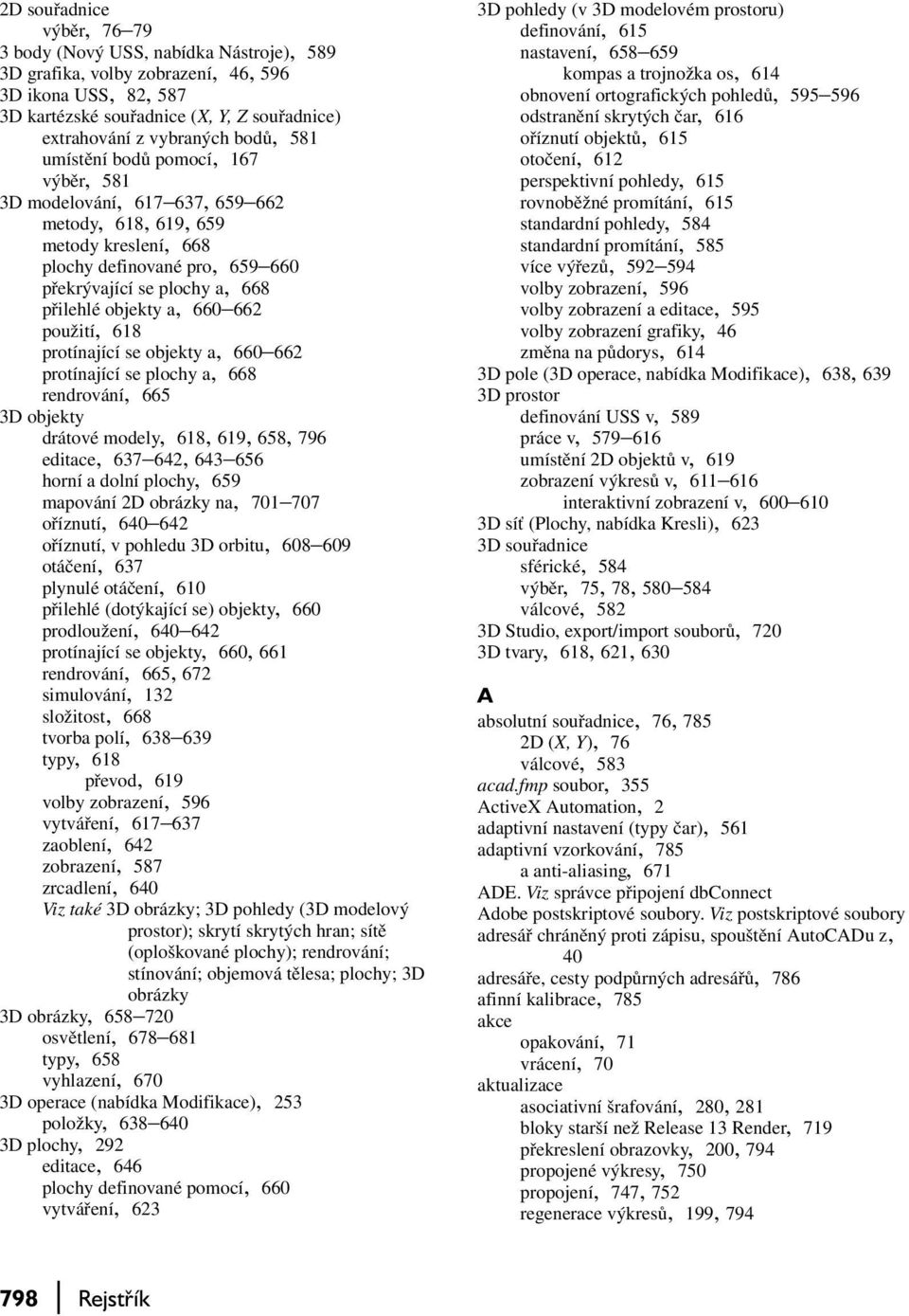 a, 660 662 použití, 618 protínající se objekty a, 660 662 protínající se plochy a, 668 rendrování, 665 3D objekty drátové modely, 618, 619, 658, 796 editace, 637 642, 643 656 horní a dolní plochy,