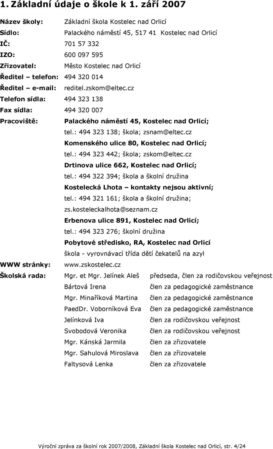 telefon: 494 320 014 Ředitel e-mail: reditel.zskom@eltec.cz Telefon sídla: 494 323 138 Fax sídla: 494 320 007 Pracoviště: Palackého náměstí 45, Kostelec nad Orlicí; tel.