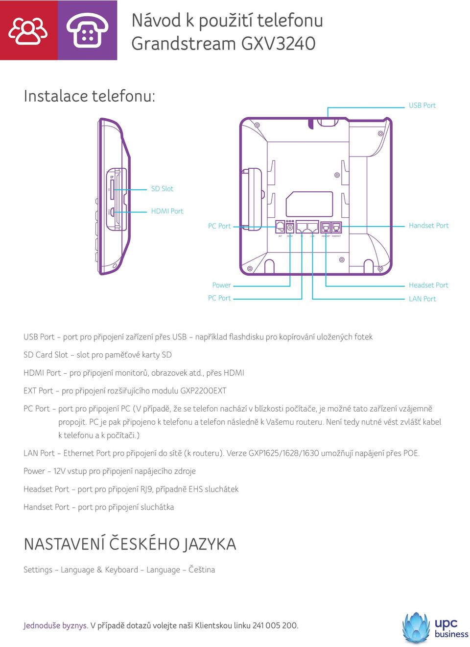 , přes HDMI EXT Port pro připojení rozšiřujícího modulu GXP2200EXT PC Port port pro připojení PC (V případě, že se telefon nachází v blízkosti počítače, je možné tato zařízení vzájemně propojit.