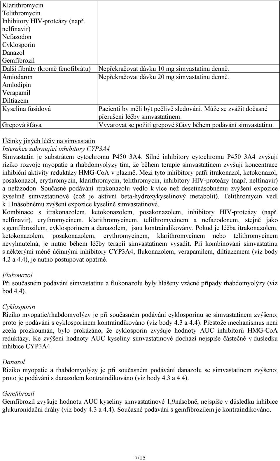 denně. Nepřekračovat dávku 20 mg simvastatinu denně. Pacienti by měli být pečlivě sledováni. Může se zvážit dočasné přerušení léčby simvastatinem.
